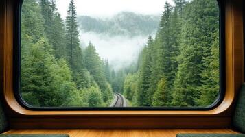 foggy forest view through train window, showcasing tall pine trees and lush greenery photo