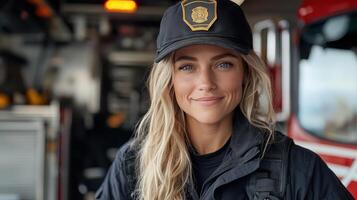 confident female firefighter smiling in uniform, ready for duty photo