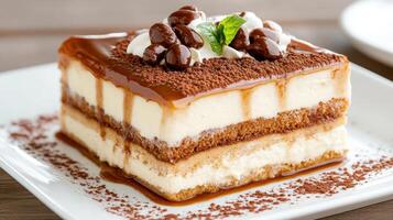 Decadent dessert with layers of cream, chocolate, and coffee flavors photo