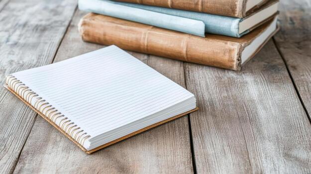 close up of blank notebook on wooden table with stacked books nearby photo