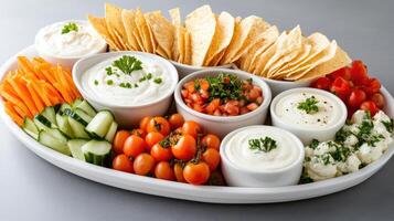 colorful array of dips, chips, and fresh vegetables on platter photo
