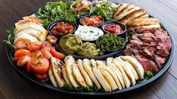 colorful meal of Mediterranean mezze served on large platter photo