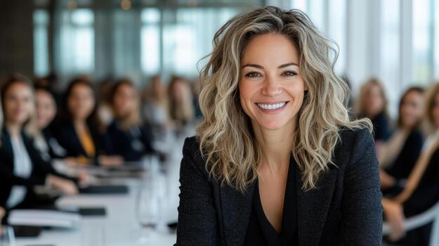 Empowered woman smiling at corporate event with colleagues in background photo