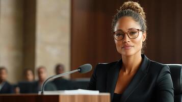 confident female judge presiding over courtroom session photo
