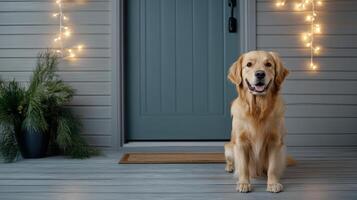 cheerful dog sits in cozy nighttime setting by door, surrounded by lights photo