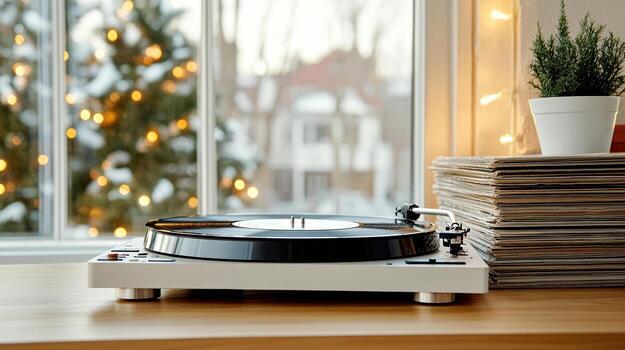 cozy vintage room with record player and stacks of vinyl records photo