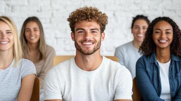 Smiling diverse group of job seekers sitting in row, looking hopeful photo