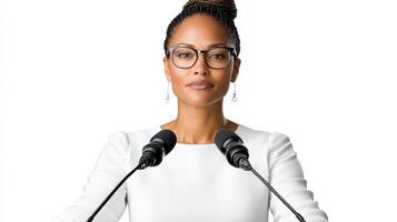 confident female political leader at podium, advocating for change photo