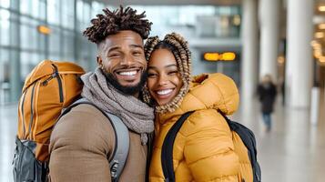 joyful reunion as travelers embrace each other at airport photo