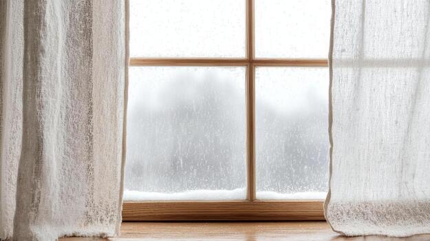 lace curtain partially covers frosty window, creating cozy atmosphere photo