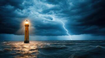 lighthouse stands tall amidst stormy sea, illuminated by lightning photo