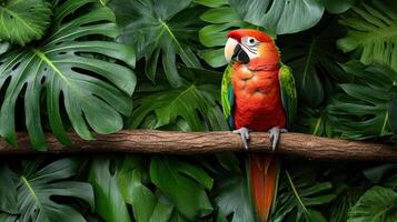 Vibrant parrot perched on branch amidst lush green foliage photo
