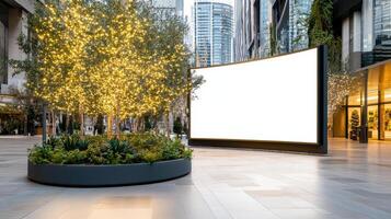 large digital screen in city center surrounded by greenery and lights photo