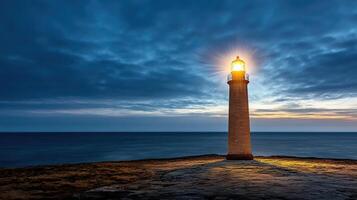 lighthouse stands tall on misty coastline, illuminating darkening sky photo