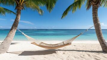 serene hammock sways gently between two palm trees on tranquil beach photo