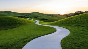 long winding road through lush green hills at sunset, creating serene atmosphere photo