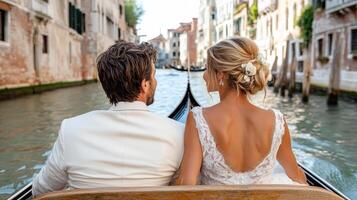 married couple enjoying romantic gondola ride in Venice canals photo