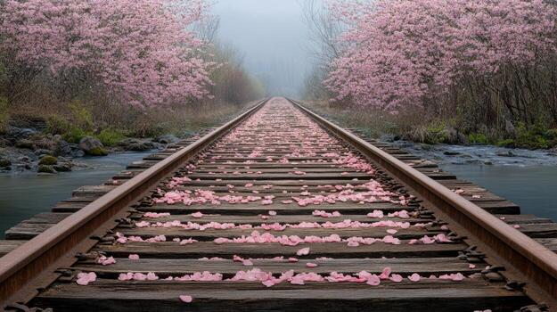 serene railway track lined with pink blossoms and petals, creating dreamlike atmosphere photo