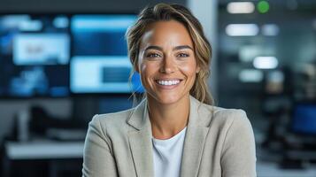 Smiling woman in professional setting, showcasing confidence and warmth photo