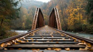 serene railway bridge surrounded by autumn foliage and river photo