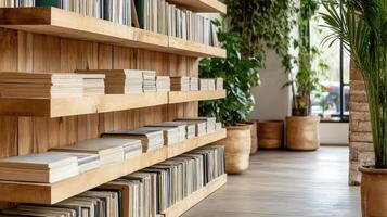 cozy record shop with wooden shelves filled with vinyl records and plants photo