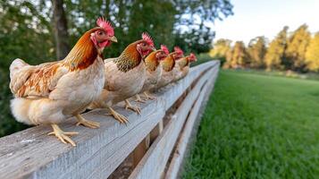peaceful backyard farm with hens roosting on wooden fence photo