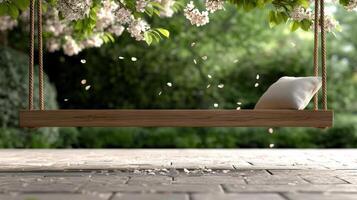 peaceful backyard swing hanging under blossoming flowers, inviting relaxation photo