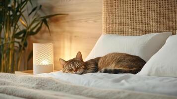 peaceful bedtime moment where pet cat curls up on cozy bed photo
