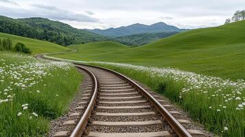 peaceful countryside scene with old railway tracks surrounded by lush greenery and flowers photo