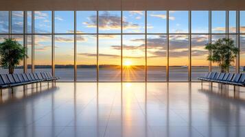 peaceful evening airport scene with travelers and beautiful sunset photo