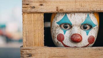 vintage clown face peeks through wooden crate, evoking nostalgia photo