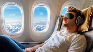 solo traveler sleeping peacefully in airplane seat, enjoying view photo