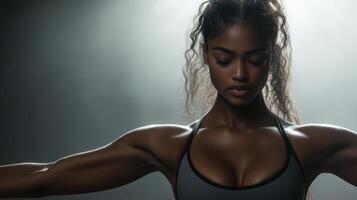 Dynamic athletic girl performing stretch, showcasing strength and focus photo