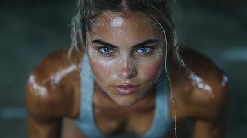 Energetic girl exercising with determination, showcasing her strength and focus photo