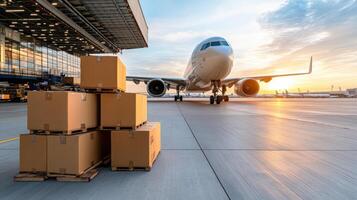 Loading cargo onto plane at sunset, showcasing shipping containers and logistics photo