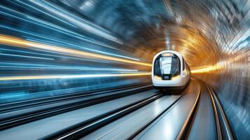 captivating long exposure of subway train speeding through tunnel photo