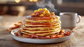 Delicious pancakes stacked high with crispy bacon and syrup photo