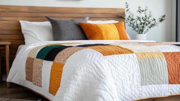 Colorful handmade quilt featuring floral and geometric patterns on bed photo