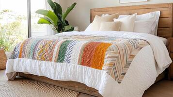 Colorful handmade quilt on wooden bed, creating cozy bedroom atmosphere photo