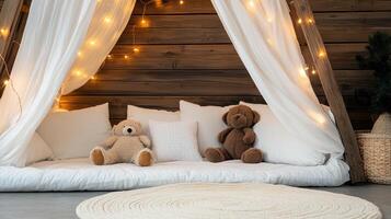 Cozy pillow fort with fairy lights and stuffed animals for relaxation photo
