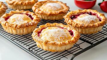 Freshly baked mini berry pies cooling on rack, perfect for dessert lovers photo