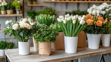 vibrant florist workspace filled with fresh flowers and greenery photo