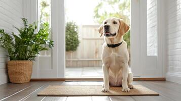 loyal dog sitting on mat, waiting by door with hopeful expression photo