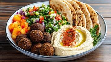 fresh Mediterranean meal featuring hummus, falafel, pita, and salad photo