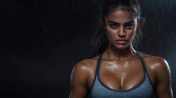 Intense workout with fit woman in dark background, showcasing strength and determination photo