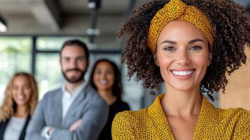 Bright and confident woman smiling in corporate setting with colleagues photo
