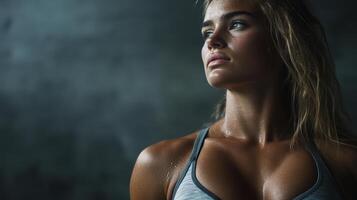 Athletic woman with wet skin, showcasing strength and determination photo