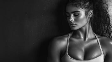 fit woman with defined abs poses against dark background, showcasing strength and confidence photo