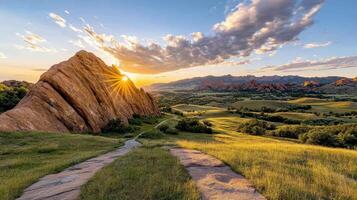 Majestic red rock formations at sunset with dramatic sky and vibrant landscape photo