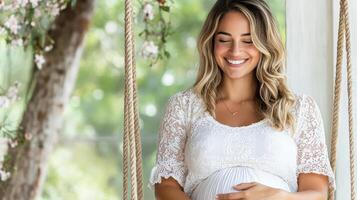 joyful pregnant woman sitting on swing, smiling and enjoying nature photo